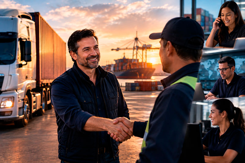 Gustavo Ossa shaking hands with a carrier at the port while the Team Gossa team works in the office